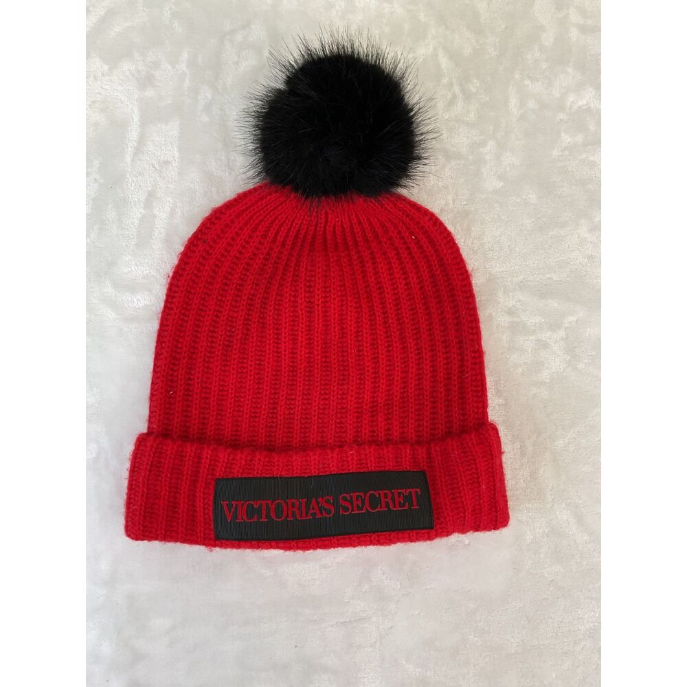 Victoria's Secret Pom-Pom Beanie Hat Toboggan Red & Black Faux Fur One Size Fits